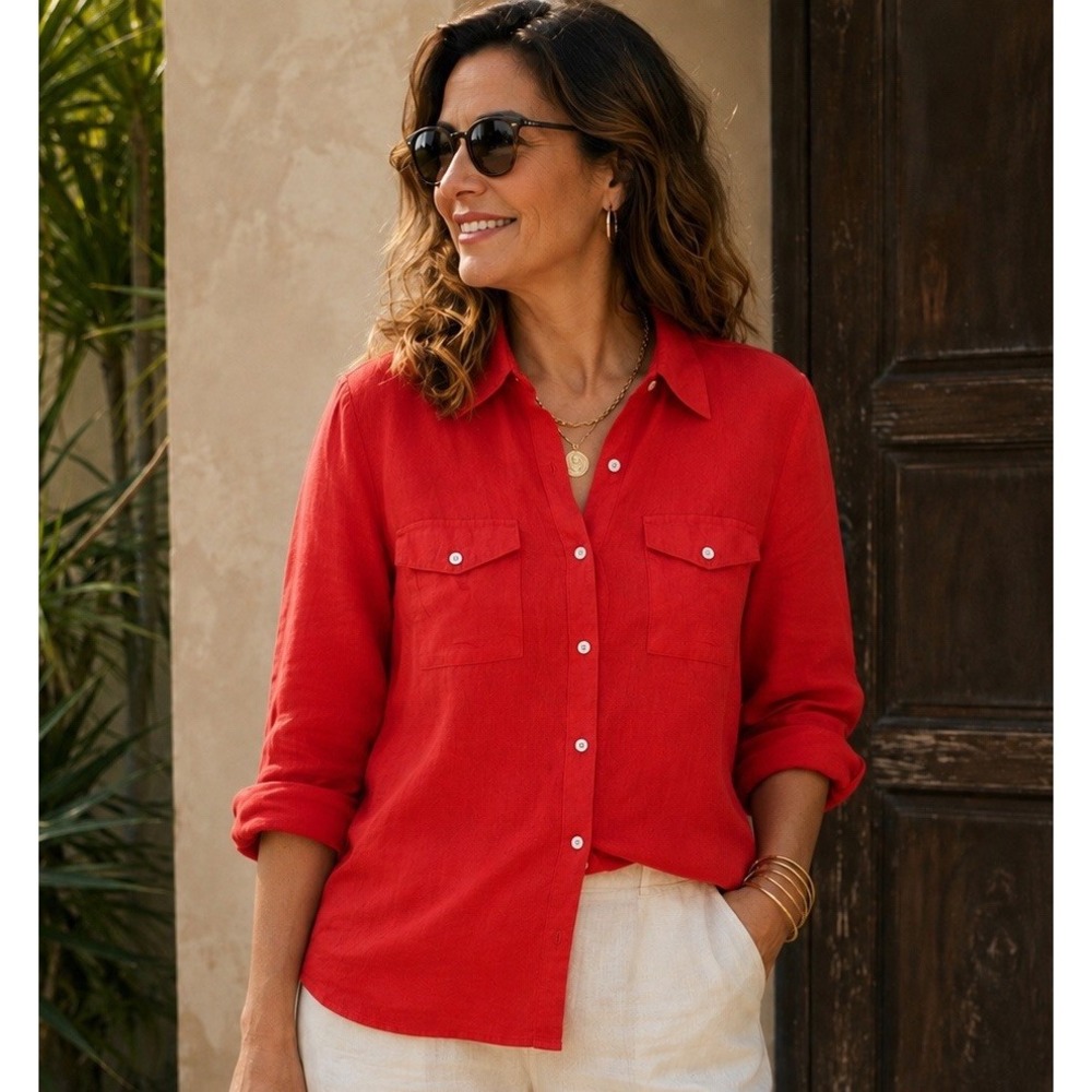 Lino By Chicos 100% Linen Blouse Shirt Sz 3/16/18 Button Down Career Casual RED
